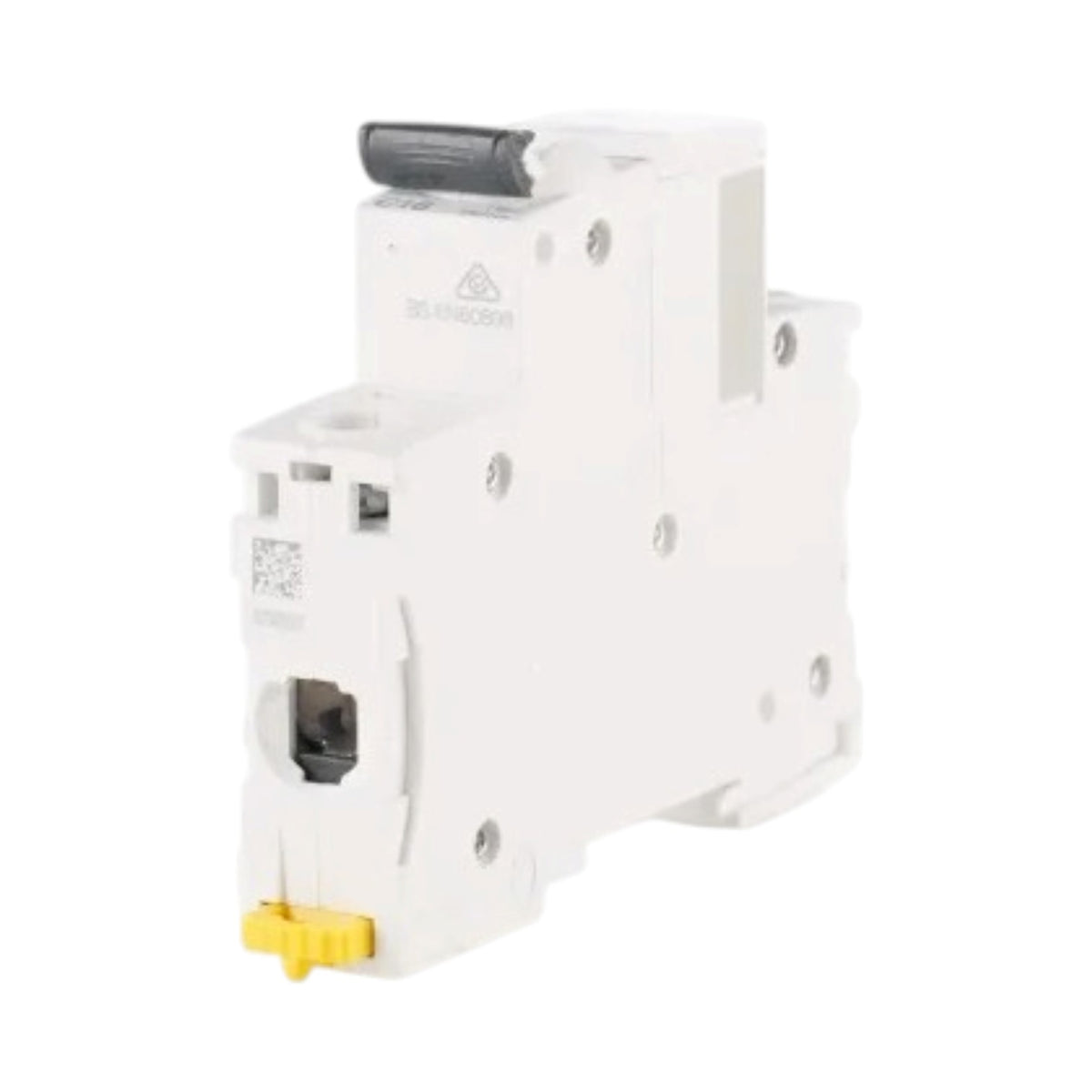 A white plastic single-pole circuit breaker with a black lever handle and a yellow terminal, shown on a plain white background.