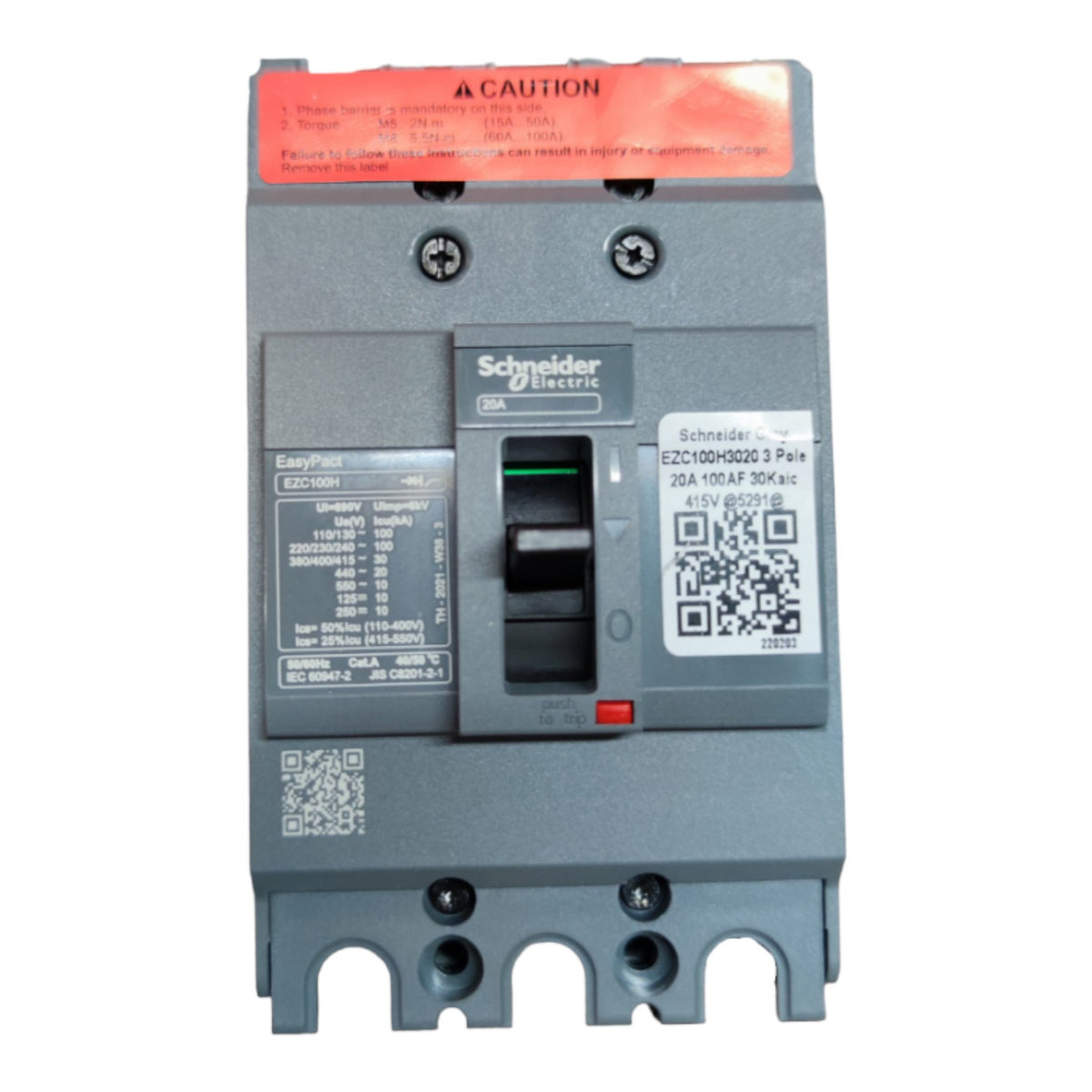 Schneider Electric EDC-100H40DE 3 Pole 20A 100AF 304Vac AC/DC circuit breaker with a gray plastic housing, black switch, and a red caution label on top.