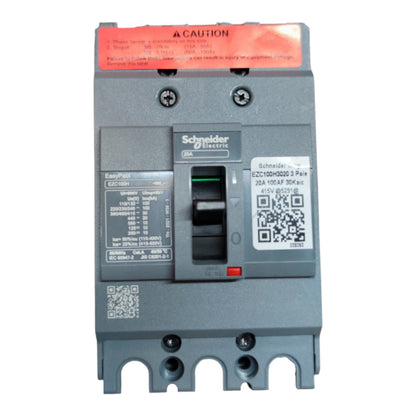 Schneider Electric EDC-100H40DE 3 Pole 20A 100AF 304Vac AC/DC circuit breaker with a gray plastic housing, black switch, and a red caution label on top.