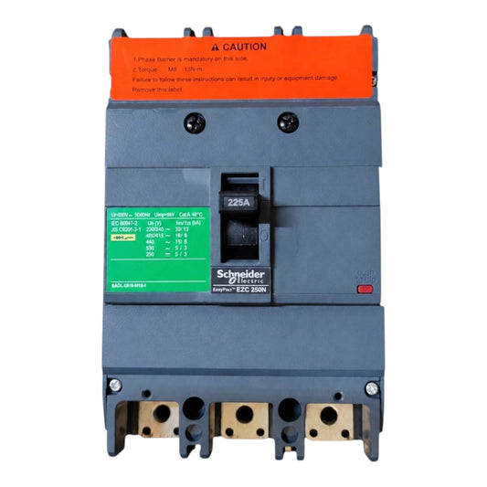 Schneider Electric EBD 250N circuit breaker with a gray plastic housing, orange top breaker cover, green technical specification label, and gold-colored terminal blocks at the bottom, shown on a white background.