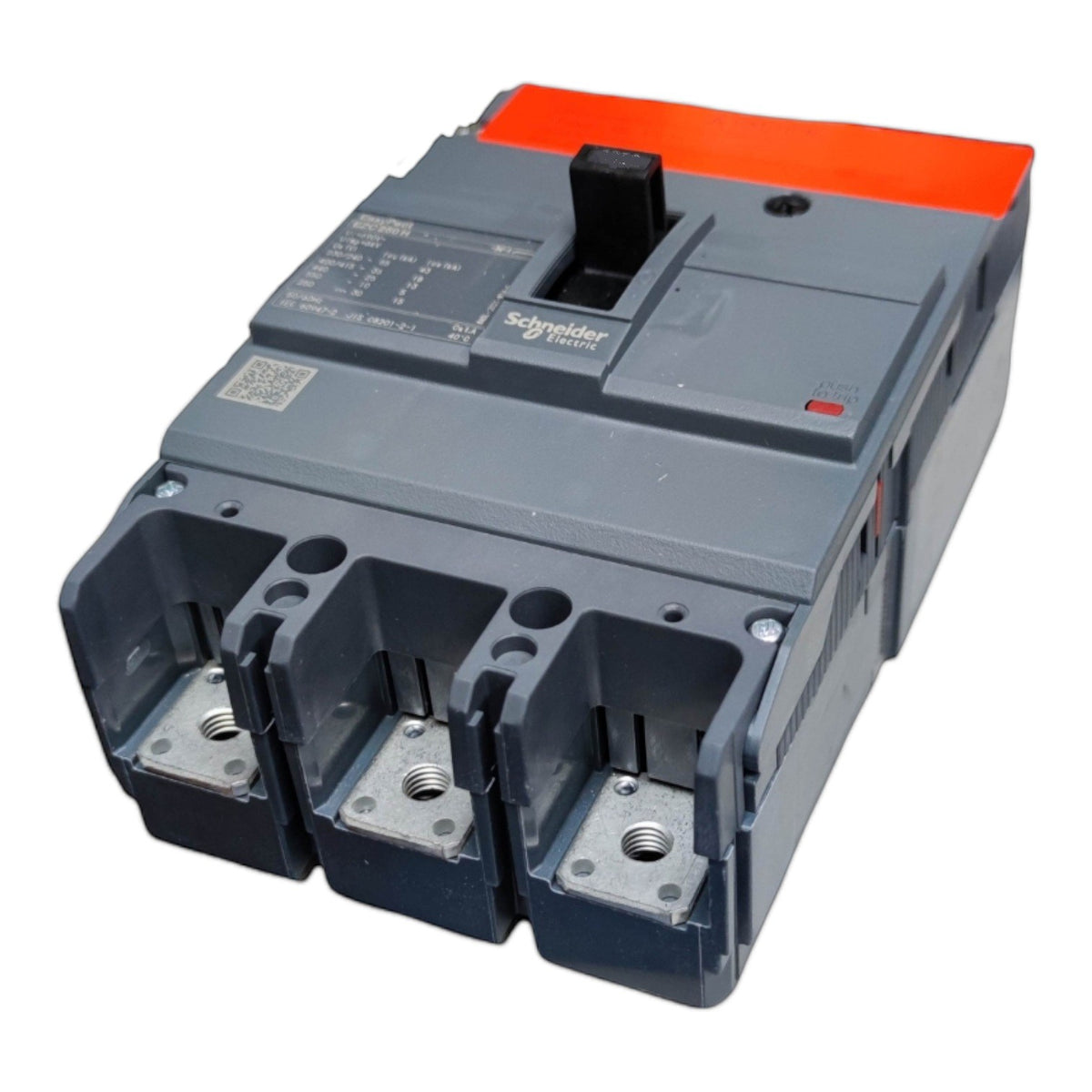 Schneider Electric industrial circuit breaker with a gray housing, orange top cover, and black handle, shown on a white background.
