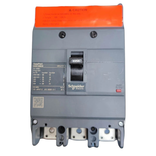 Schneider Electric EasyPart 220A circuit breaker with a gray plastic body, orange top handle cover, and black switch, shown on a white background.