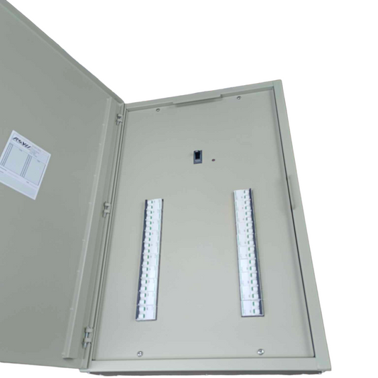 Open Schneider 225A panel board metal electrical enclosure with circuit breaker slots
