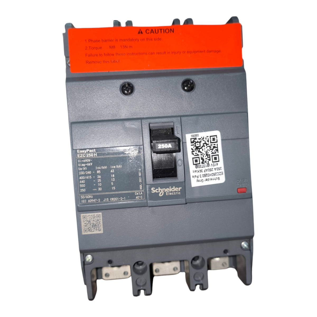Schneider Electric EasyPart ELCI-2000 circuit breaker with a gray plastic housing, orange top label, black switch, and technical specifications printed on the front.
