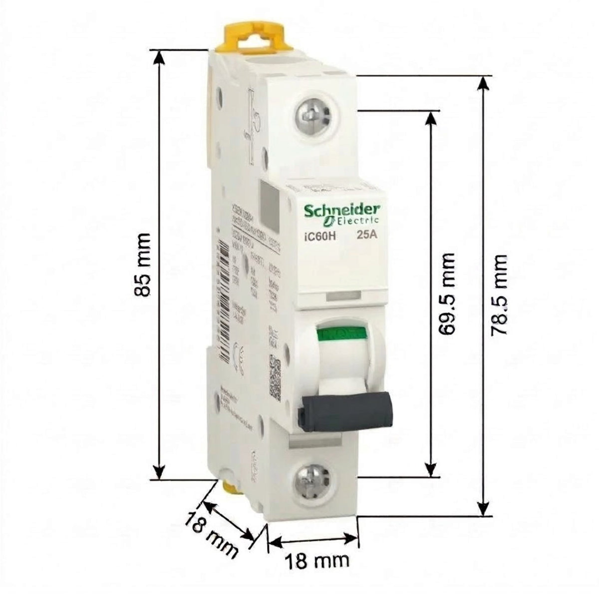 Schneider Electric IC60H 25A circuit breaker with dimension annotations showing 85 mm height, 78.5 mm overall height, 69.