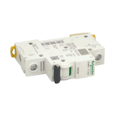 Schneider LCB1 C 20A modular circuit breaker with white plastic housing, yellow terminal caps, and a black switch handle, shown on a white background.