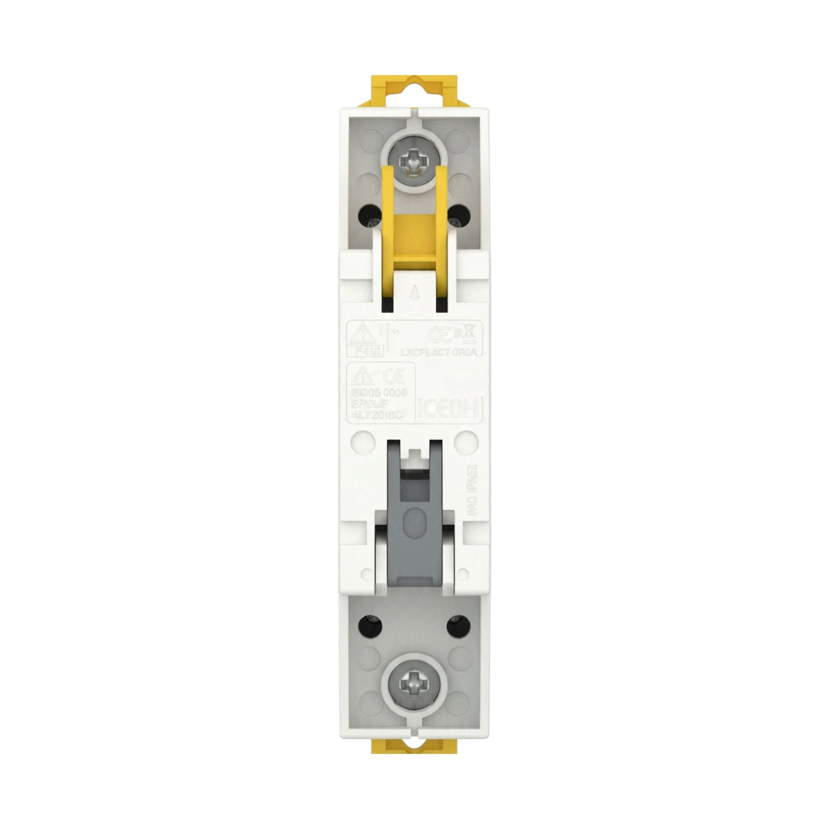 A white and gray electrical terminal block with yellow connector caps on a solid white background.