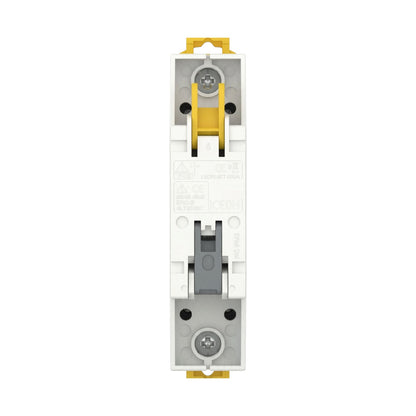 A white and gray electrical terminal block with yellow connector caps on a solid white background.