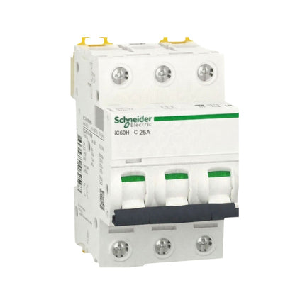 Schneider Electric IC60H C 25A modular circuit breaker, white plastic housing with green and black details, shown on a plain white background.