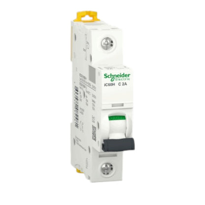 Schneider Electric IC60H C2A modular circuit breaker, white plastic housing with a yellow top handle, green brand logo, and a black switch lever, shown on a plain white background.