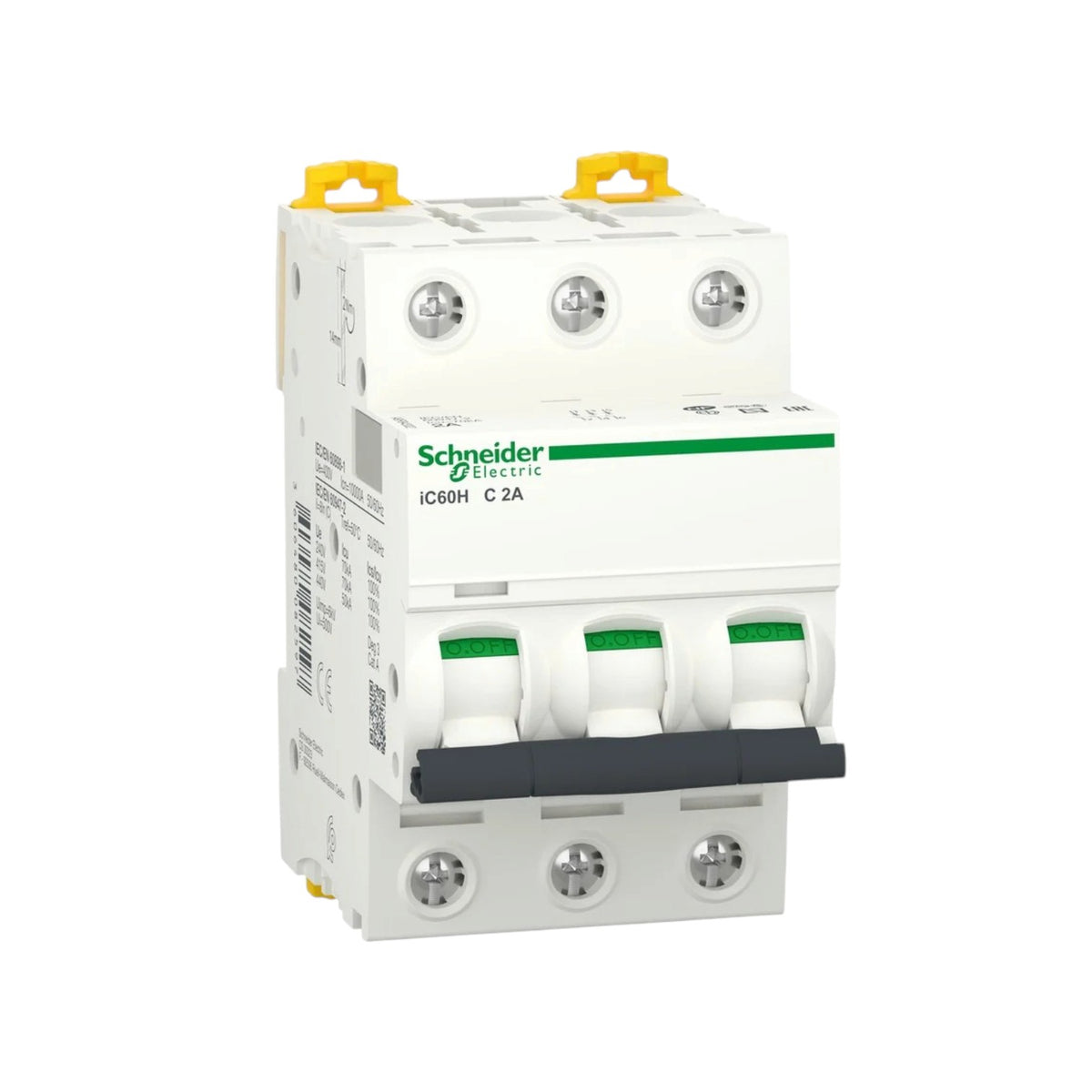 Schneider Electric ICB60H C3A modular circuit breaker, white plastic housing with green and black details, three top and three bottom terminals, and three switch handles.