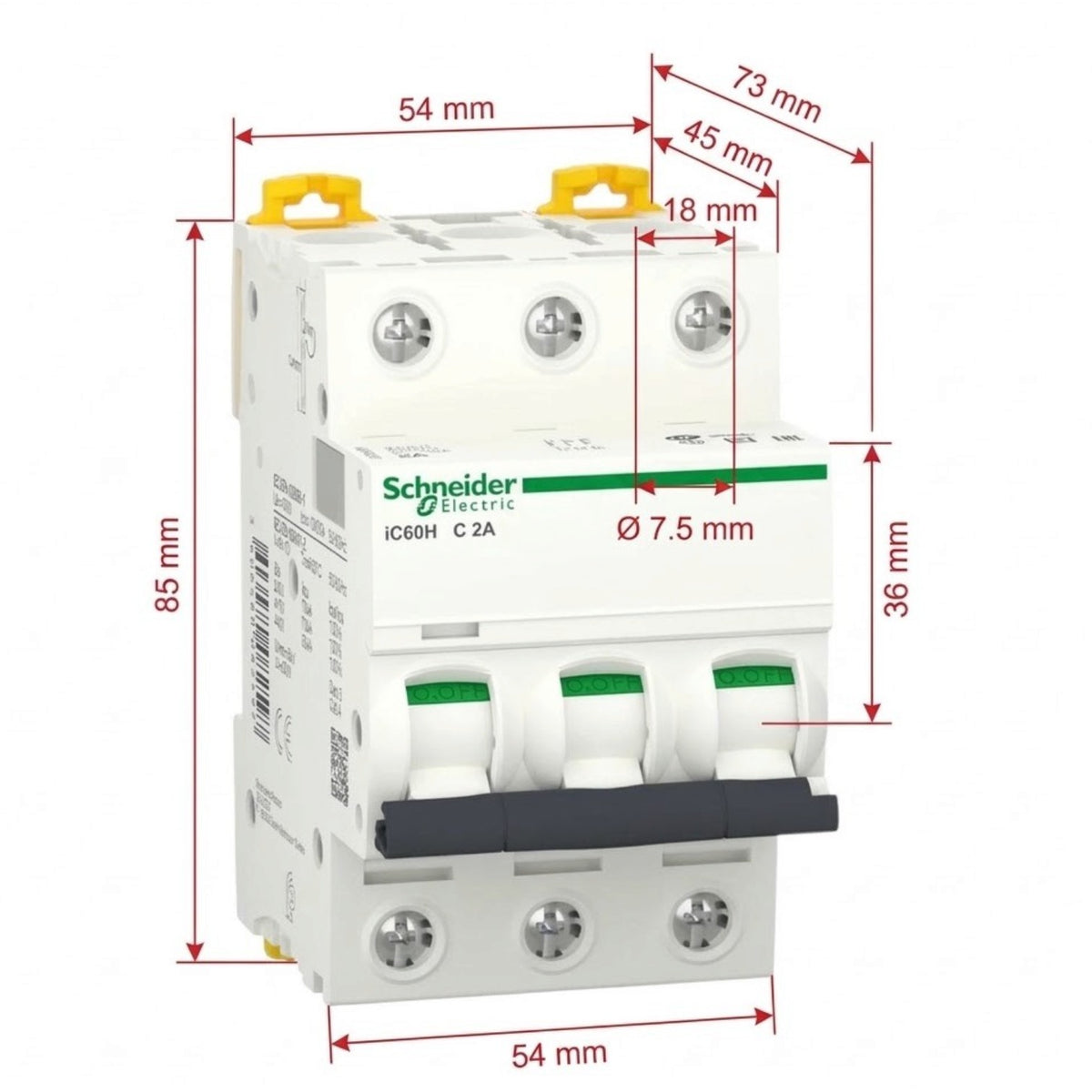Schneider Electric IC60H C 2A modular circuit breaker with dimension annotations showing measurements in millimeters.