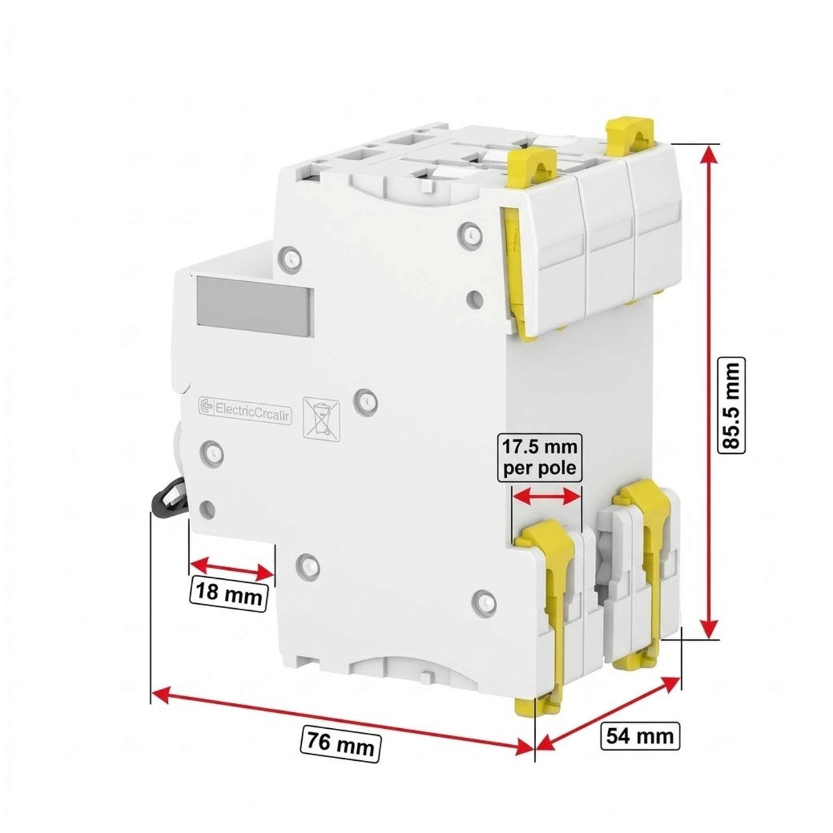 White electrical circuit breaker with yellow terminal caps and red dimension lines showing measurements of 85.5 mm, 76 mm, 54 mm, 18 mm, and 17.