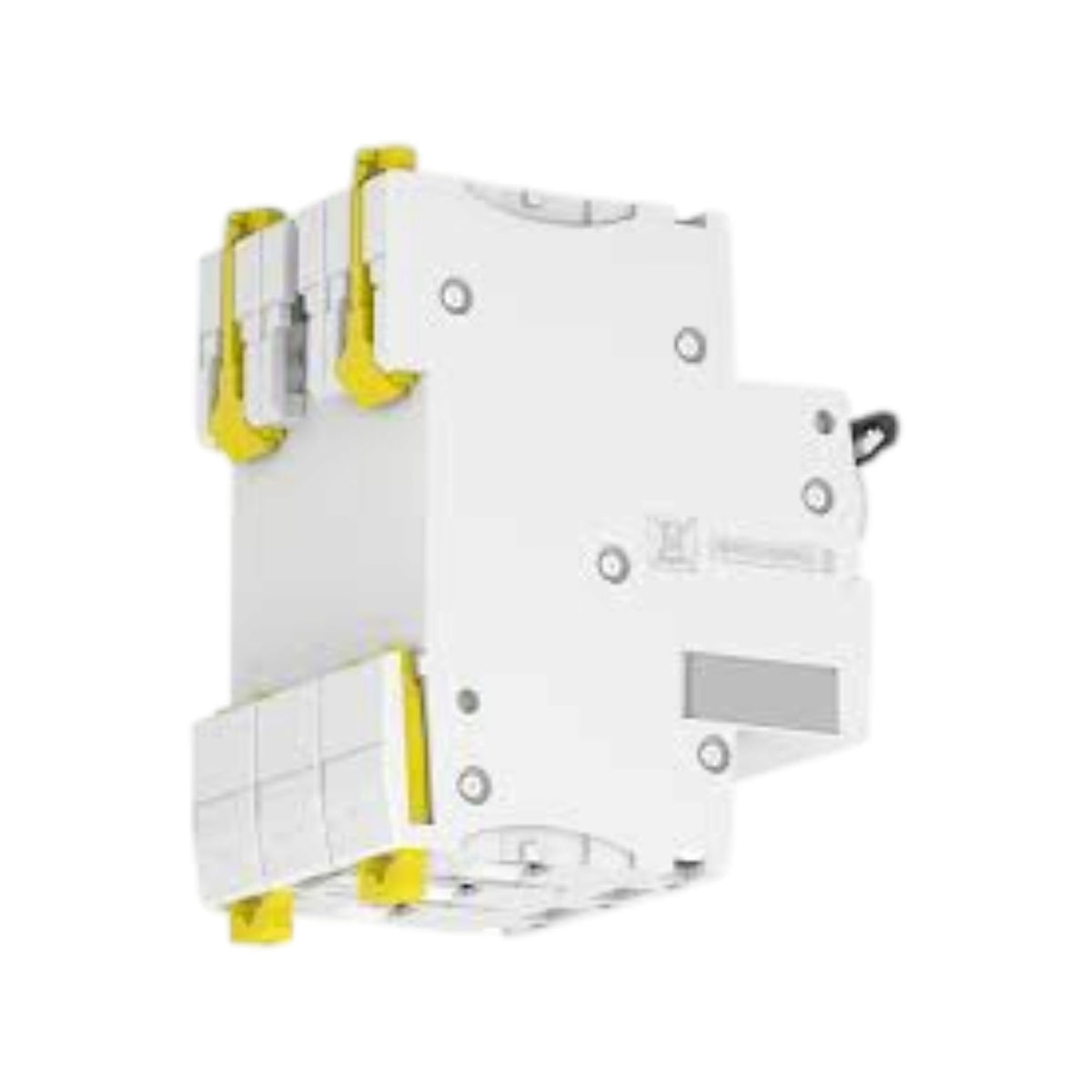 A white electrical circuit breaker module with yellow safety components and a small black terminal, shown on a plain white background.