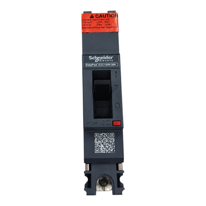 Schneider Electric EasyPart EEC100N 20A circuit breaker module, featuring a dark gray plastic housing with an orange warning label at the top, a black switch handle, and a QR code near the bottom, shown on a plain white background.