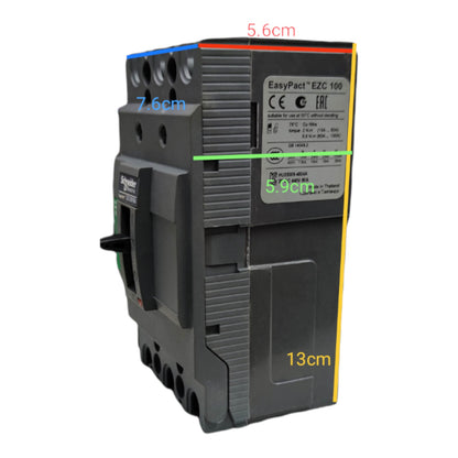 A compact modular electrical contactor shown on a plain white background with red, blue, green, and yellow dimension lines and text labels indicating measurements.