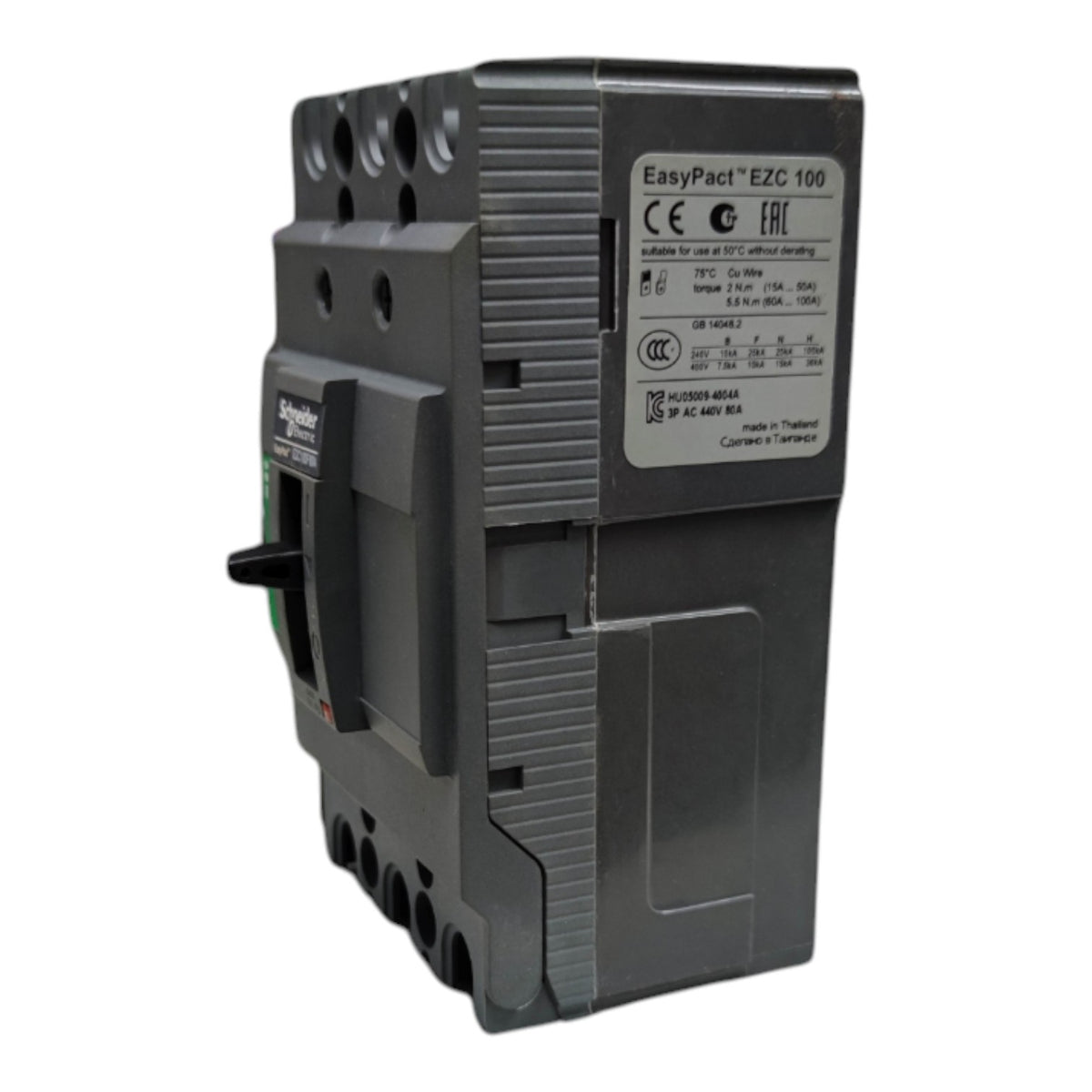 A Schneider Electric EasyPact EZC 100 AC contactor, model AC6038-60AS, shown from a three-quarter angle on a white background.