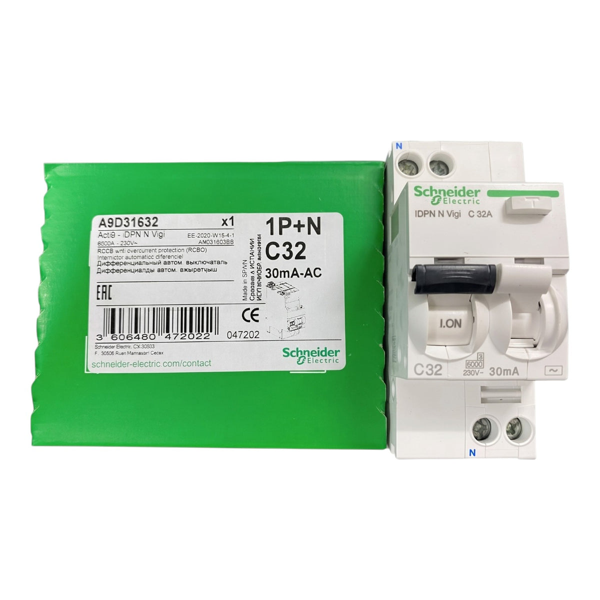 Schneider 32A 1P+N 30mA 240Vac Residual Current Circuit Breakers RCBO Miniature Type with Overload Protection A9D31632 Electx Electrical Supply