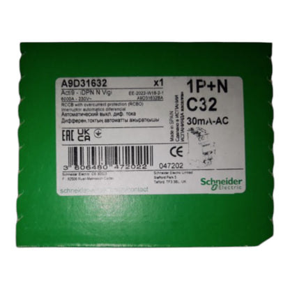 Schneider 32A 1P+N 30mA 240Vac Residual Current Circuit Breakers RCBO Miniature Type with Overload Protection A9D31632 Electx Electrical Supply
