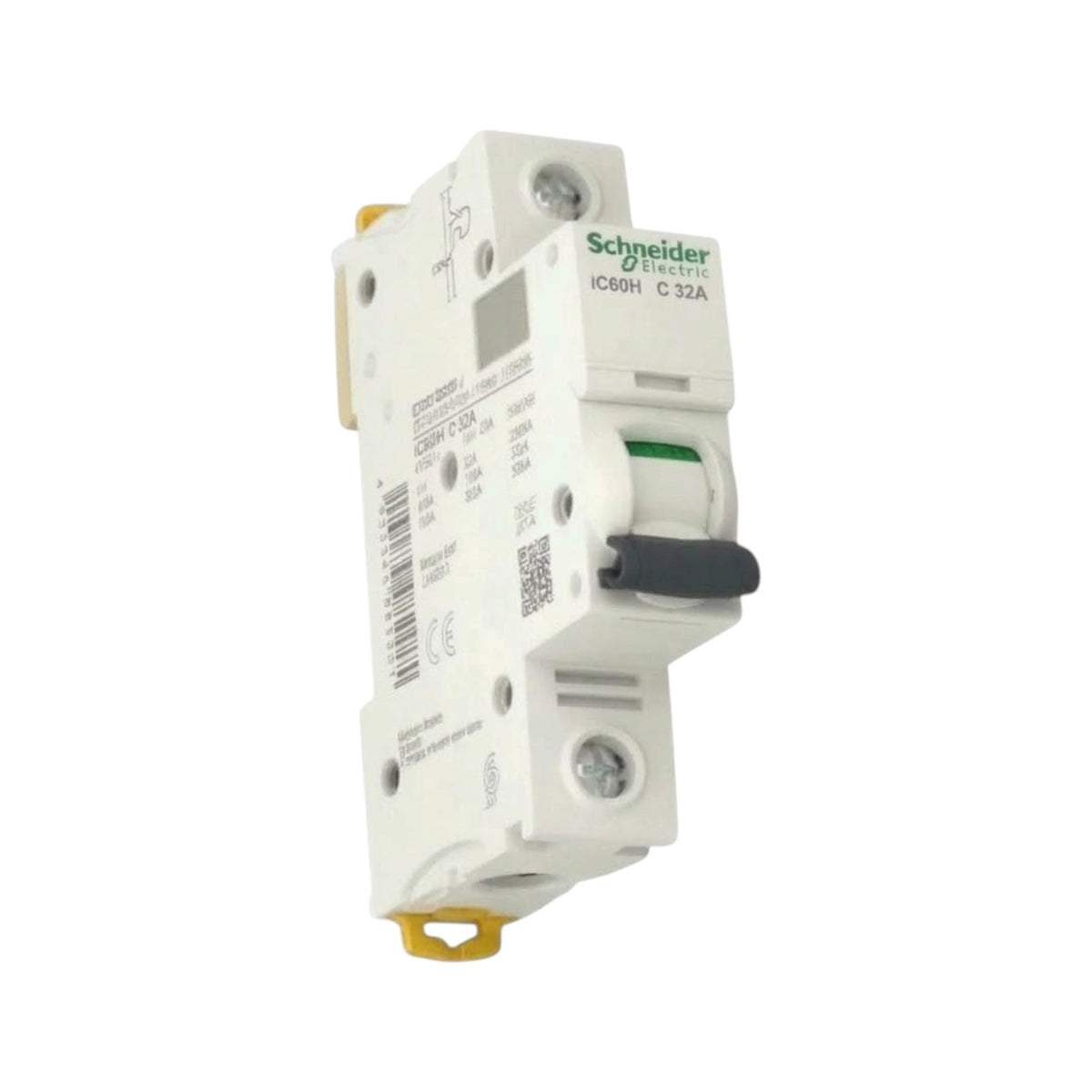 Schneider Electric IC60H C-32A modular circuit breaker, white plastic housing with a black lever switch and green brand logo, shown on a plain white background.
