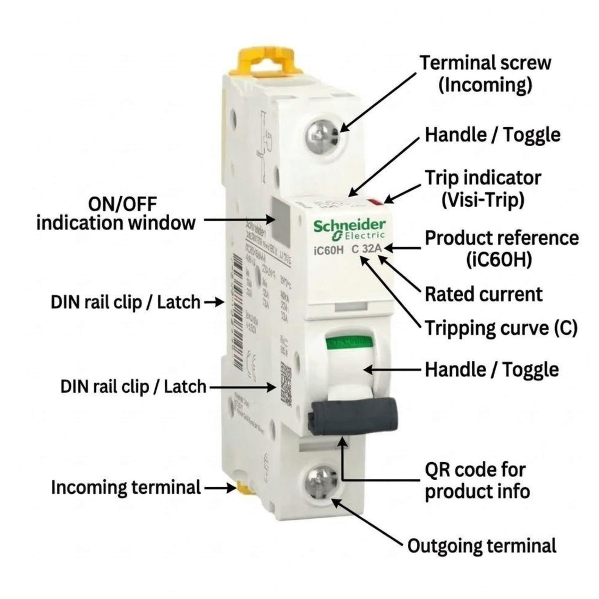 Schneider 32A 1 Pole 15KAIC 220V Miniature Circuit Breaker A9F84132 iC60H C 32A