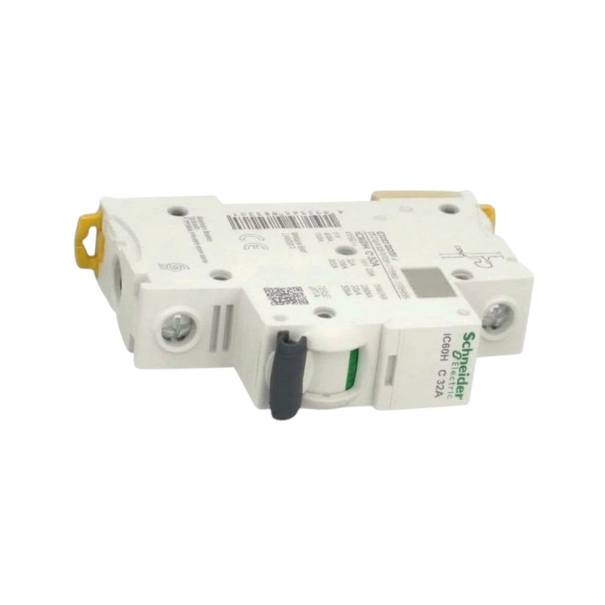 Schneider ICB301 C 220A modular circuit breaker with white plastic housing, yellow terminal caps, and a black switch handle, shown on a white background.