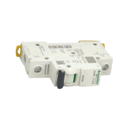 Schneider ICB301 C 220A modular circuit breaker with white plastic housing, yellow terminal caps, and a black switch handle, shown on a white background.