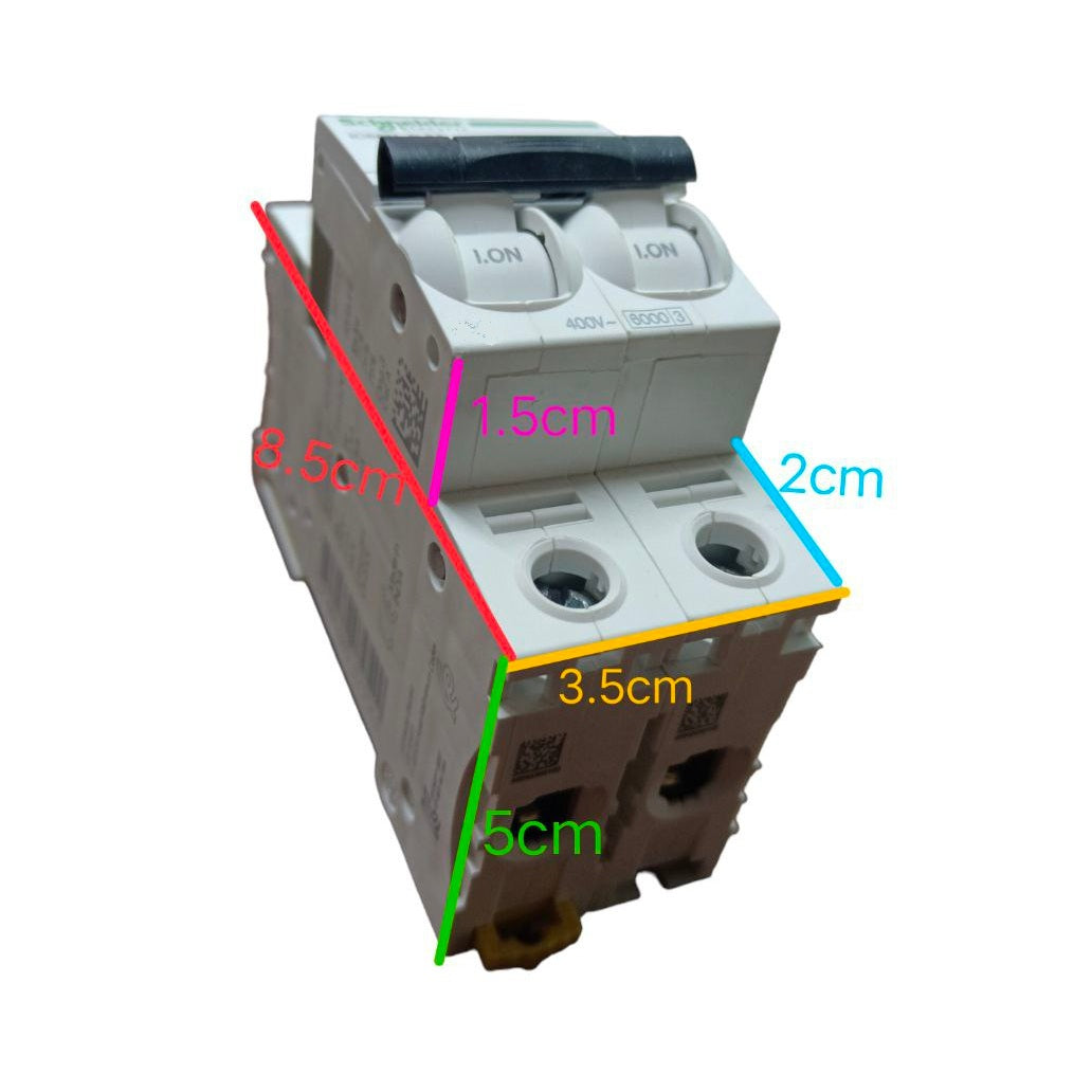 Schneider Miniature Circuit Breaker 32A 2 Pole with clear labeling and dimensions for electrical setups