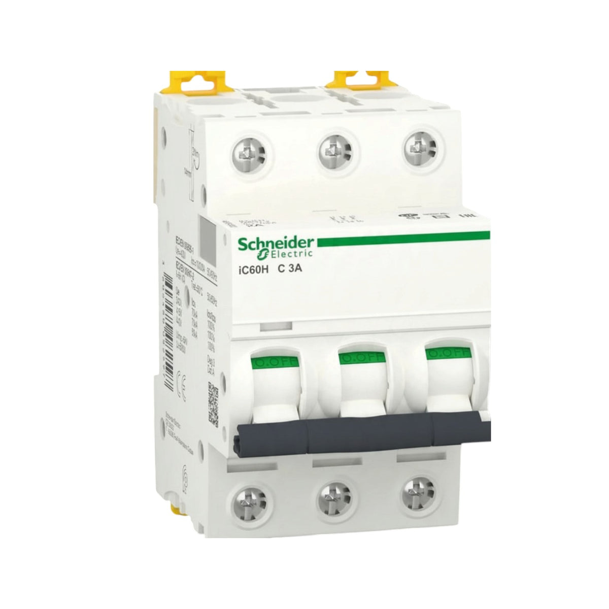 Schneider Electric IC60H C 3A modular circuit breaker module, white plastic with green accents, yellow top handles, and a dark gray front latch, shown on a plain white background.