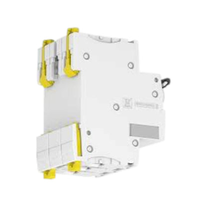 A white electrical circuit breaker module with yellow safety components and a small black terminal, shown on a plain white background.