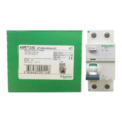 Schneider Electric A6R71240 2P-40A-30mA AC circuit breaker shown next to its green retail packaging box on a white background.