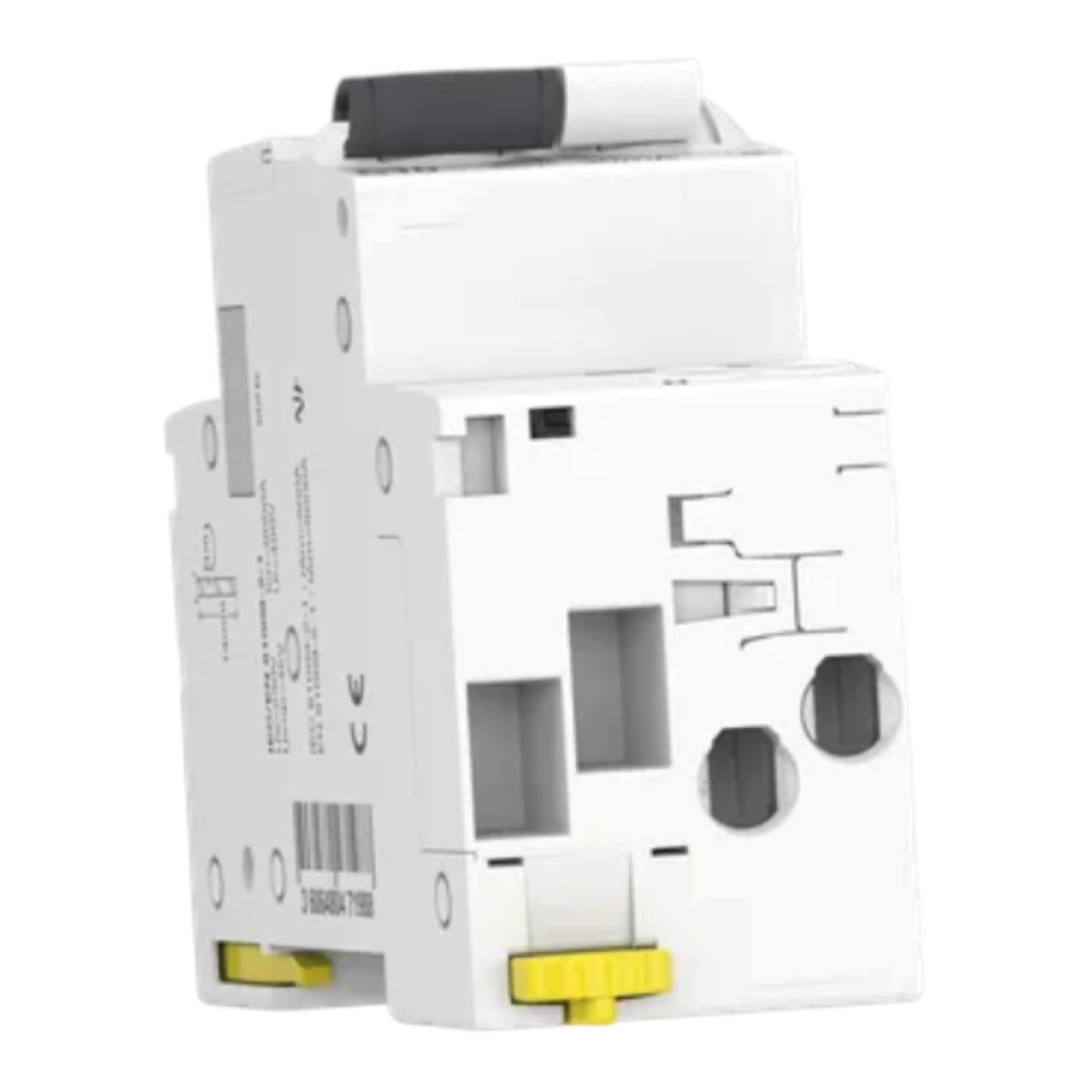 A white modular electrical circuit breaker module with a black handle and yellow terminal accents, shown on a plain white background.