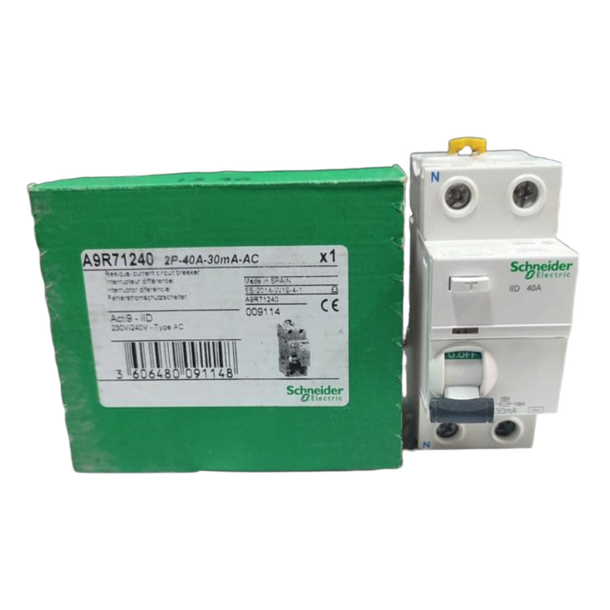 Schneider Electric A6R71240 2P-40A-30mA AC circuit breaker shown next to its green retail packaging box on a white background.