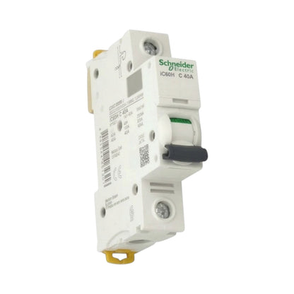 Schneider Electric ICB8H C-40A modular circuit breaker, white plastic housing with a black switch handle and green brand logo, shown on a white background.