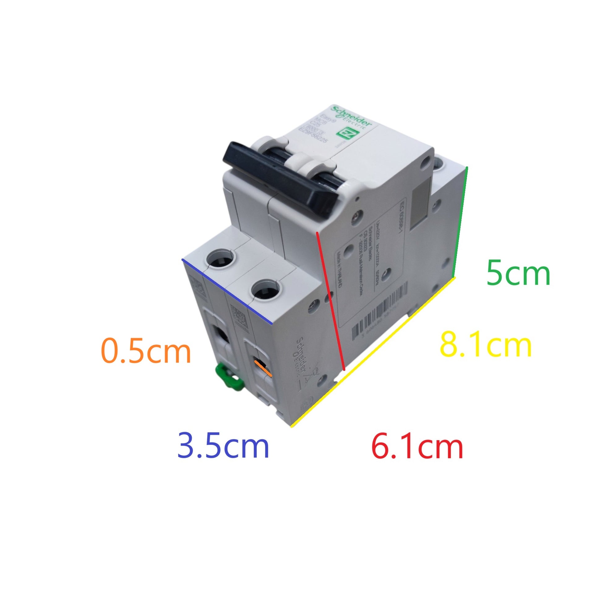 Electrical circuit breaker with dimensions labeled on a white background