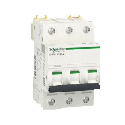 Schneider Electric IC60H C 40A modular circuit breaker, white plastic housing with green accents and a black handle, shown on a white background.