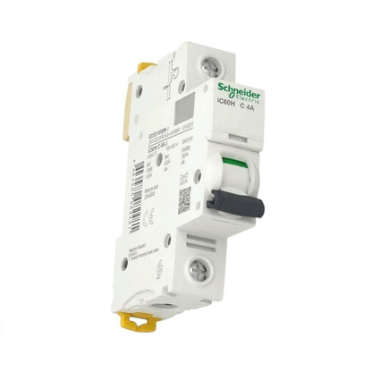 Schneider Electric ICB60H C 4A modular circuit breaker, white plastic housing with a black switch lever and green brand logo, shown on a white background.