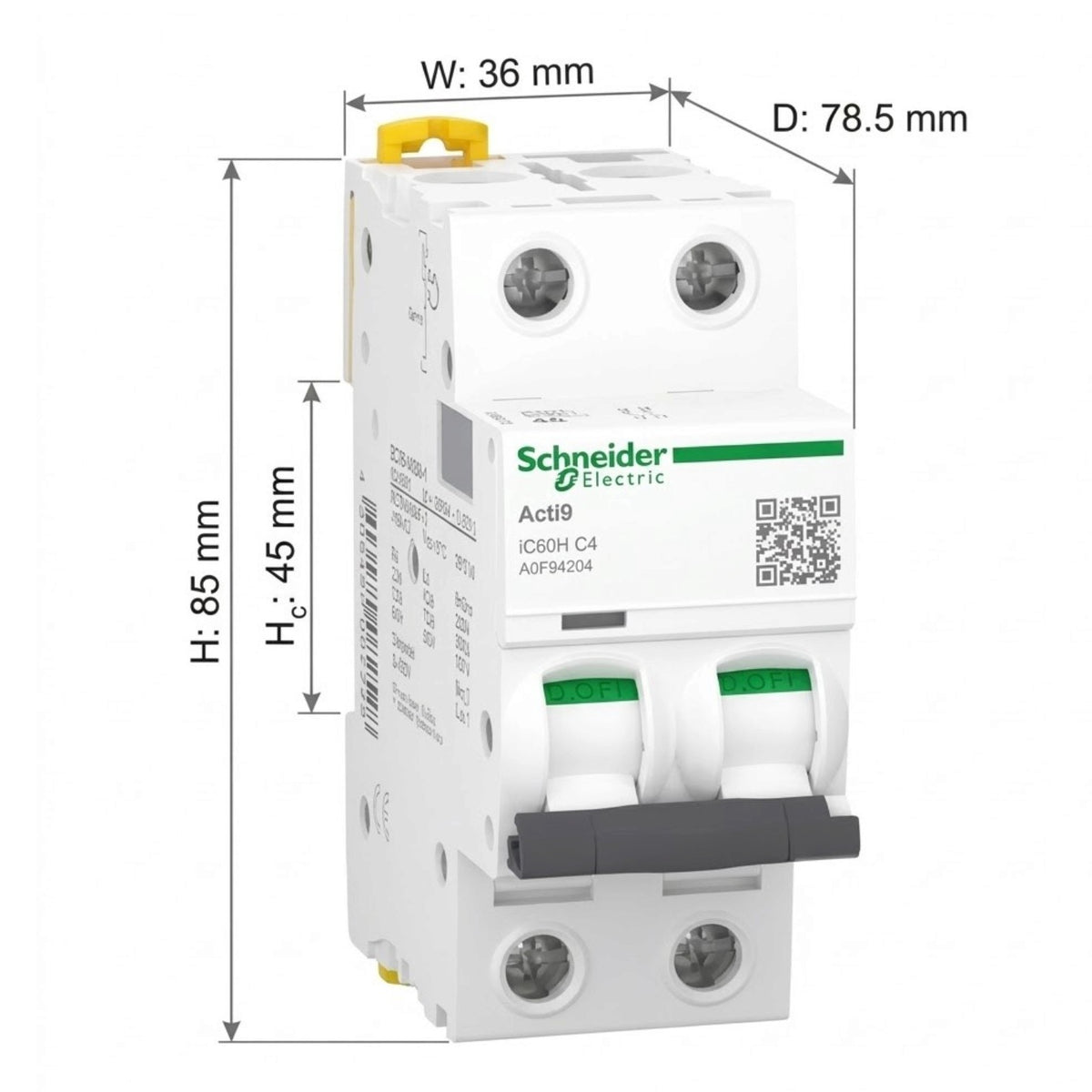 Schneider 4A 2 Pole 30KAIC 220V Miniature Circuit Breaker MCB A9F84204 iC60H C 4A IEC/EN 60898-1