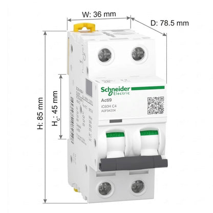 Schneider 4A 2 Pole 30KAIC 220V Miniature Circuit Breaker MCB A9F84204 iC60H C 4A IEC/EN 60898-1