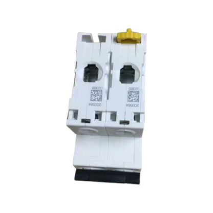 A white double-pole circuit breaker with a yellow top handle knob and a black bottom base, shown on a plain white background.