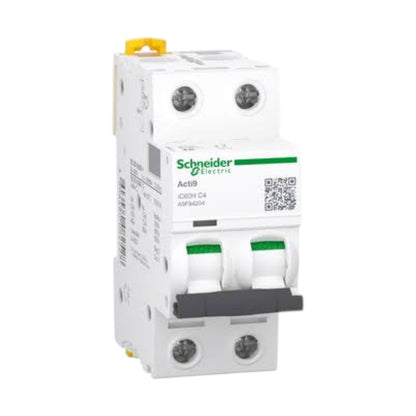 Schneider Electric Act8 IQ05H C4 AF0620H modular circuit breaker, white plastic with green and gray details, on a white background.