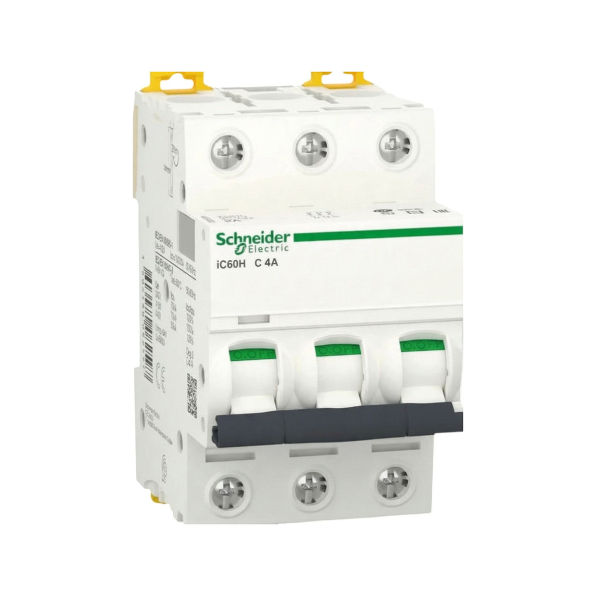 Schneider Electric industrial circuit breaker module, model IC60H C 4A, featuring a white plastic housing with green accents, three green-labeled switch handles, and yellow terminal caps on a white background.