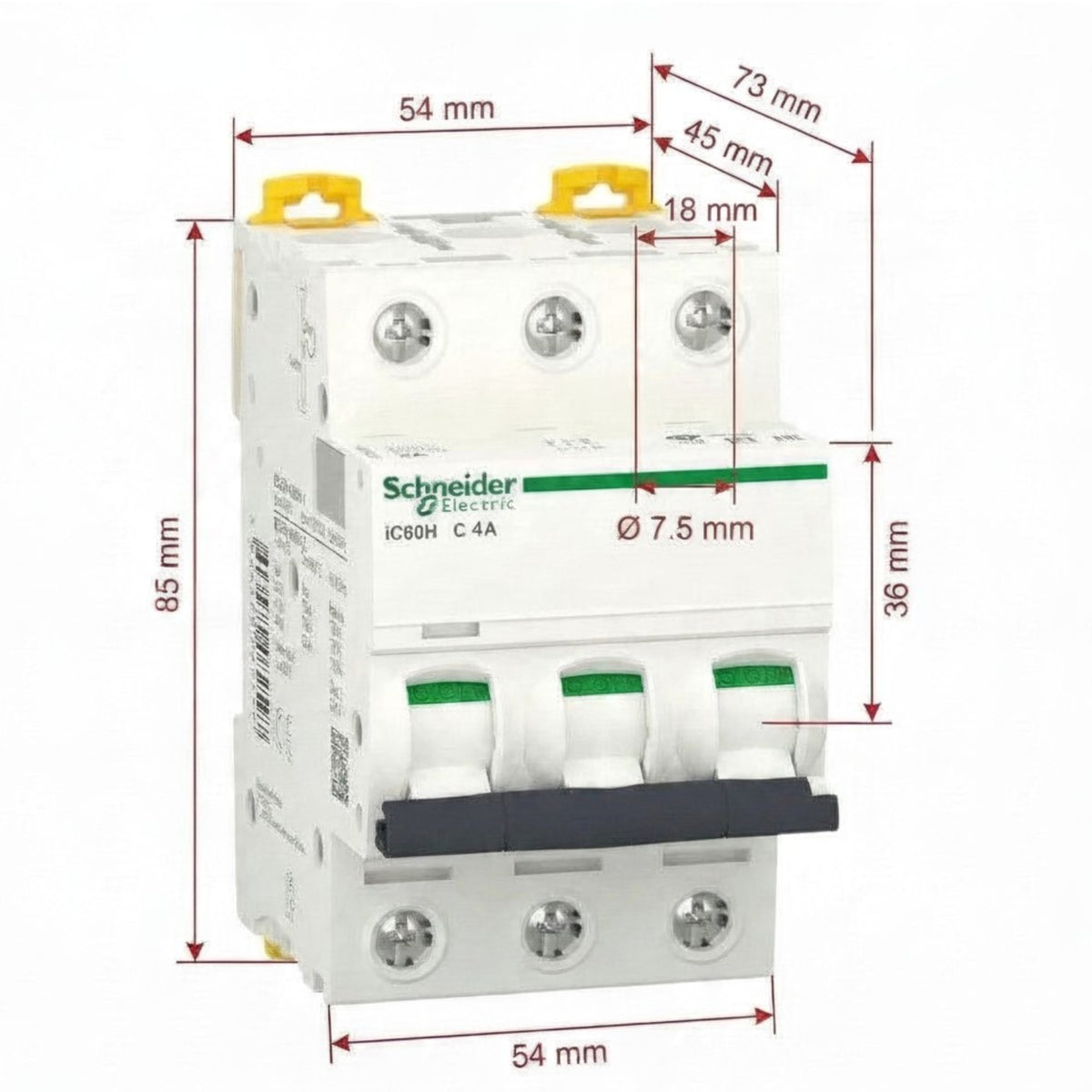 Schneider Electric 3-pole circuit breaker with dimension annotations showing measurements in millimeters on a white background.