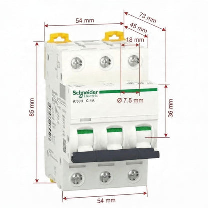 Schneider Electric 3-pole circuit breaker with dimension annotations showing measurements in millimeters on a white background.