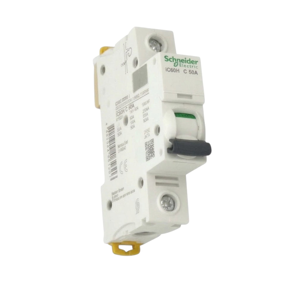 Schneider Electric IC60H C 50A modular circuit breaker with a white plastic housing, black switch handle, and yellow terminal caps, shown on a plain white background.