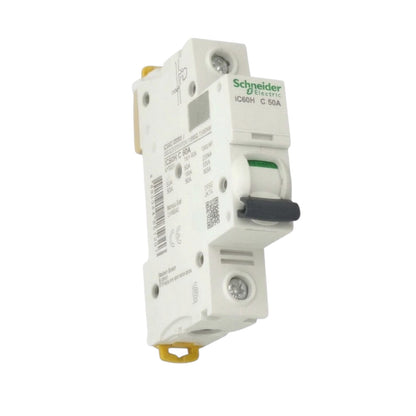Schneider Electric IC60H C 50A modular circuit breaker with a white plastic housing, black switch handle, and yellow terminal caps, shown on a plain white background.