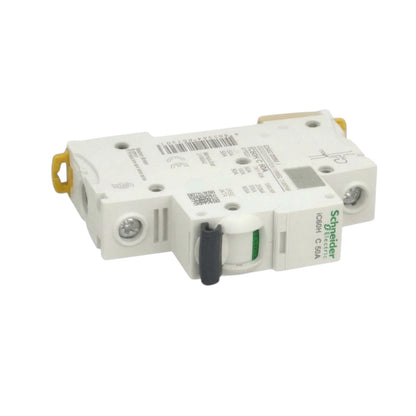 A Fuji Electric EL Breaker circuit breaker, model EW32AAG, with a 50A rating, featuring a black switch, yellow and red indicator lights, and gold-colored terminal blocks on a white background.