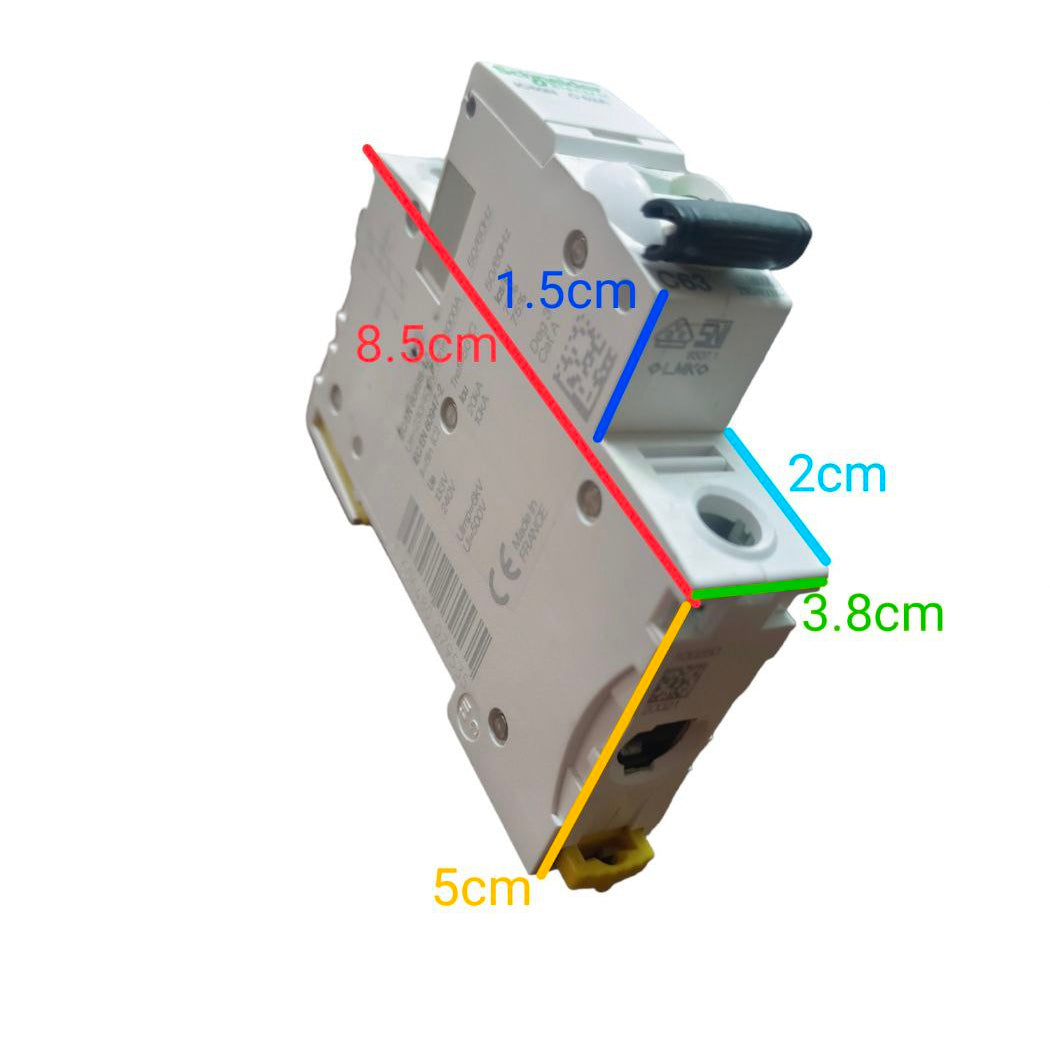 Electrical circuit breaker with labeled dimensions on a white background
