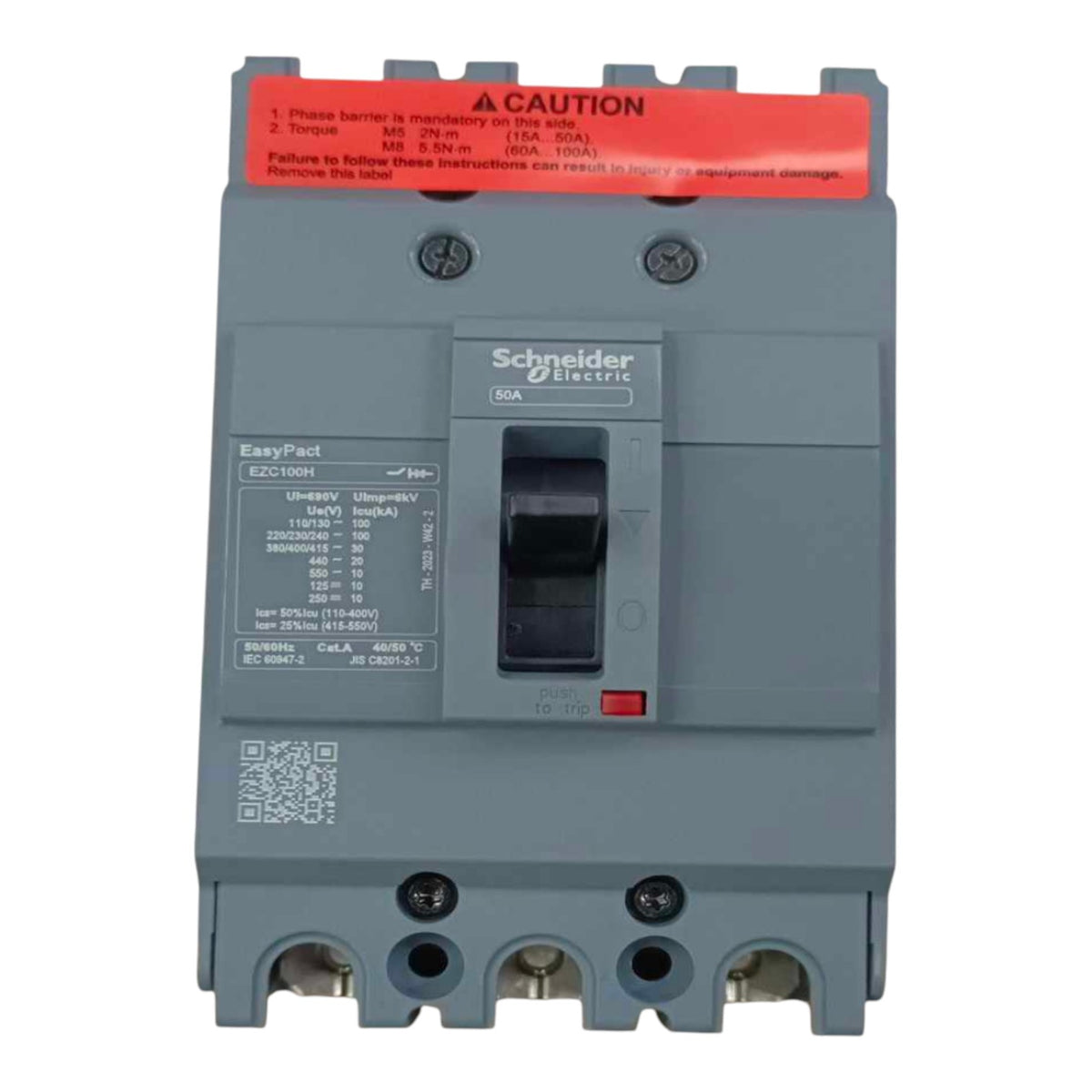 Schneider Electric EasyPact ELCB circuit breaker, model B2C10001, featuring a gray plastic housing, a central switch, and a prominent red warning label at the top.