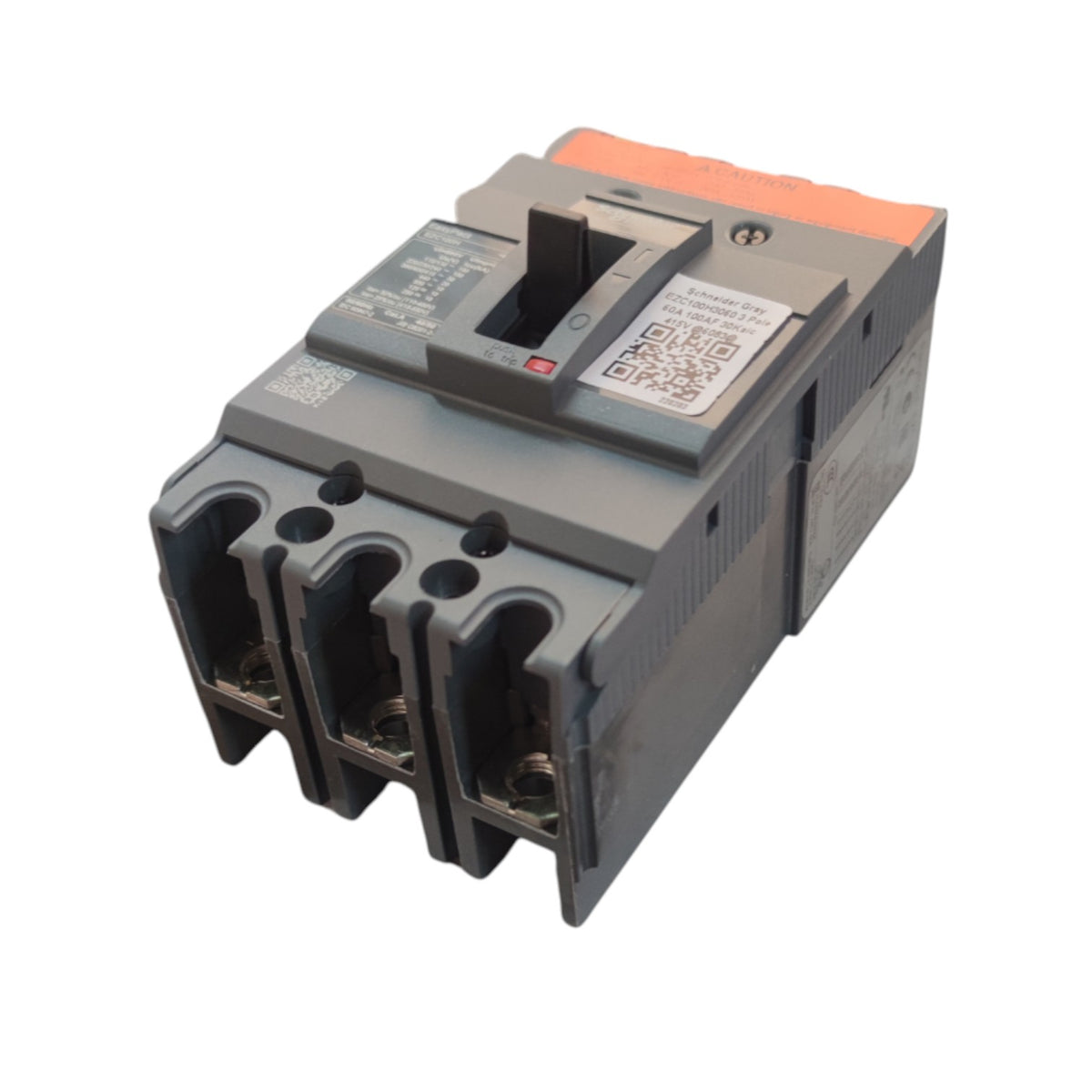 A three-phase electrical circuit breaker with a gray plastic housing, featuring three terminal connectors on the front, a top switch handle, and an orange accent piece on top.